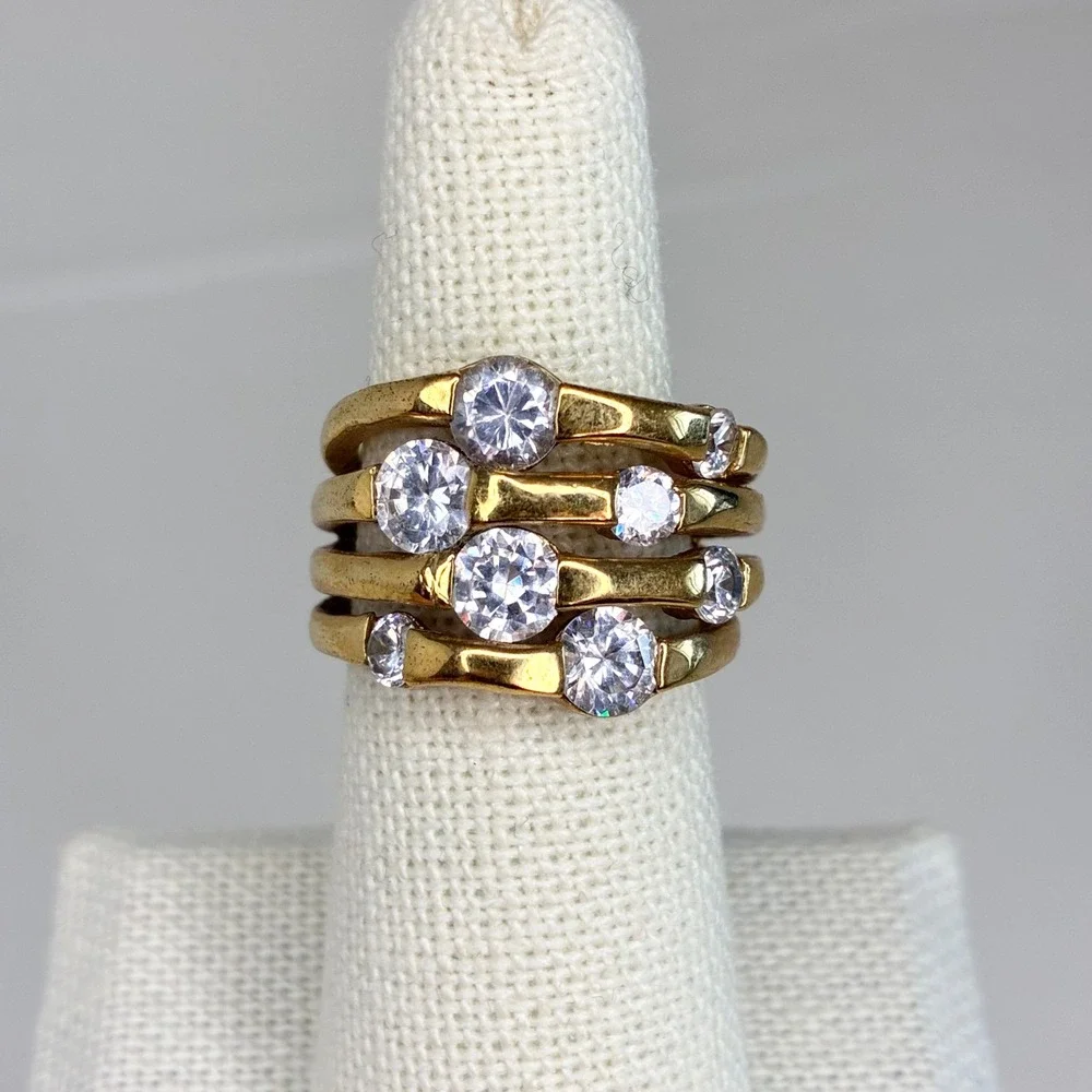 Vintage Ring Gold Tone Chunky Clear Stone Statement Multi Row Tiered Size 6.5